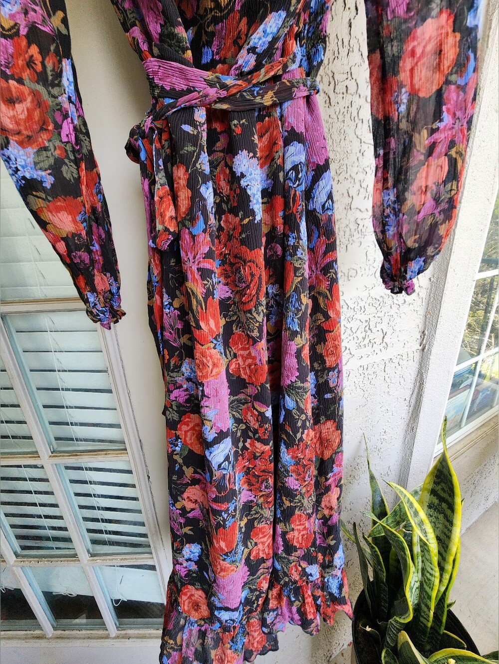 PAIGE Paulette Floral Long Sleeve  V-Neck Midi Wrap Dress - Black Red Pink Multi - Picture 14 of 16